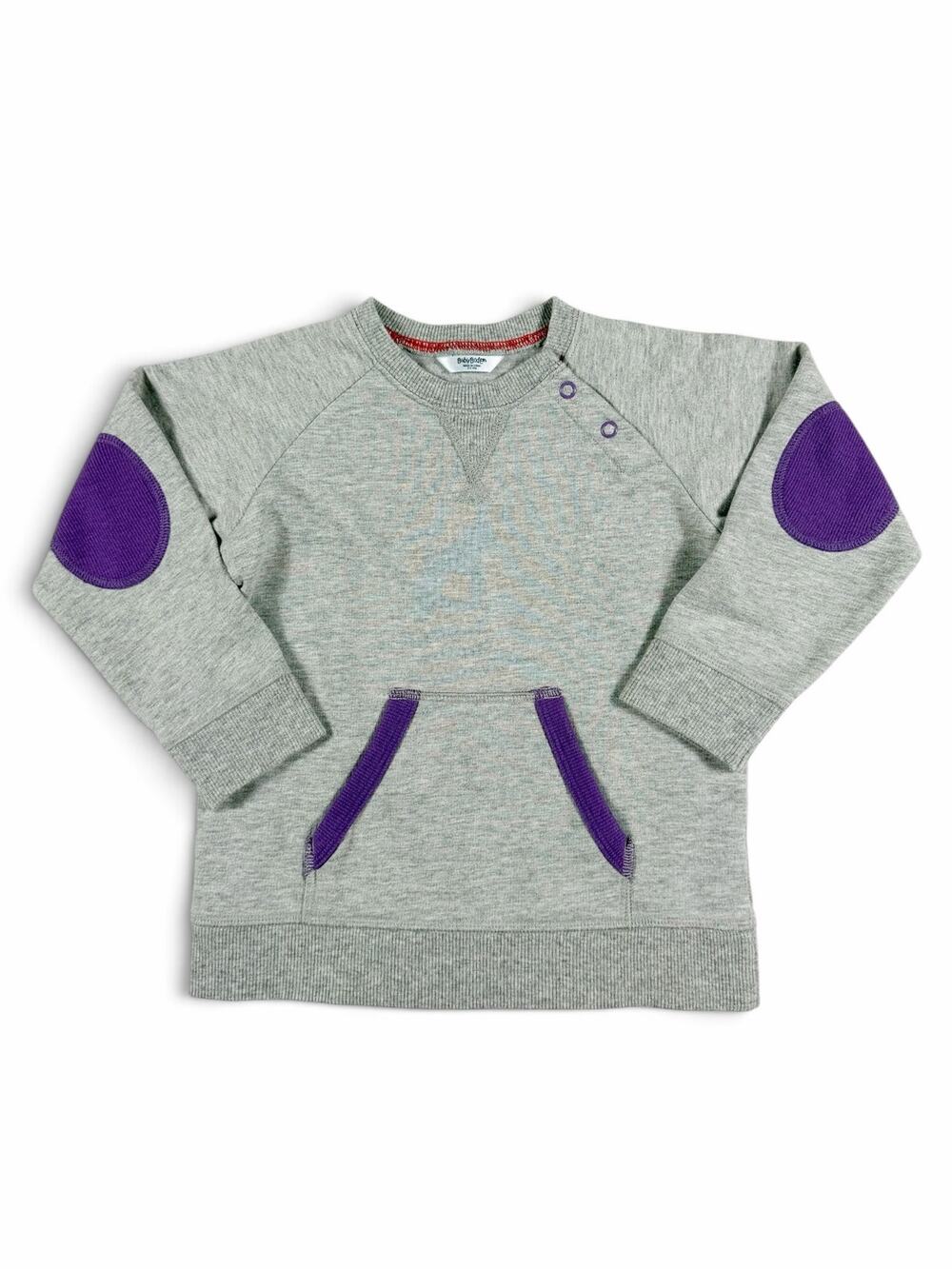 Mini Baby Boden Elbow Patch Sweatshirt Gray Purple Kangaroo Pocket 2-3 Years